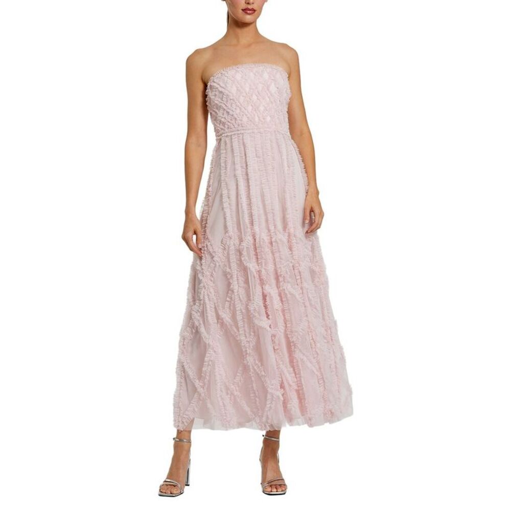 Mac Duggal Womens  Mesh Micro Ruffle Strapless A Line Ankle Dress, Blush